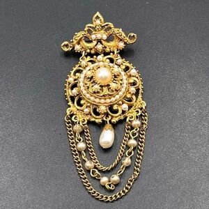 Florenza Vintage Renaissance Revival Faux Pearl Festoon Victorian Dangle Brooch